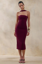 Amariah | Burgundy Bandeau Midi Dress With Scarf-Detail