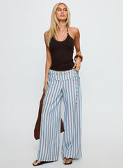 Silver Moon Linen Blend Tie Pants Blue / Maroon Stripe