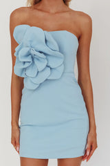 Karoline 3D Flower Strapless Mini Dress Blue