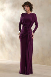 Desirelle | Plum Crew-Neck Maxi Dress With Gathered-Detailing