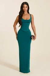 The Sandra Scoop Corset Maxi Dress in Teal