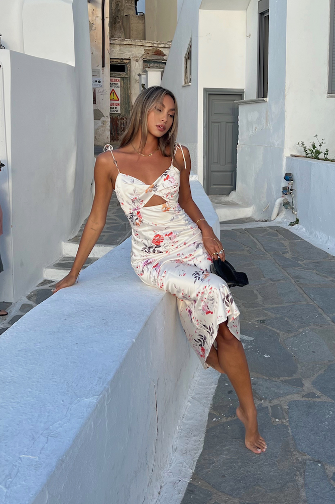 Delicate Bloom Satin Midi Dress White