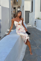 Delicate Bloom Satin Midi Dress White