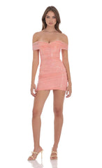 Iridescent Sequin Off Shoulder Dress in Coral