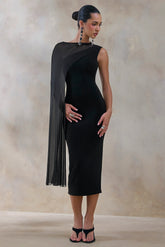 Caloria | Black Asymmetric-Neck Midi Dress With Mesh-Cape