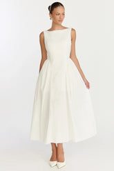 Casina Midi Dress - Boat Neck Tie Back Fit And Flare Dress in Off White