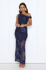 Bloom Soirée Off Shoulder Maxi Dress Navy