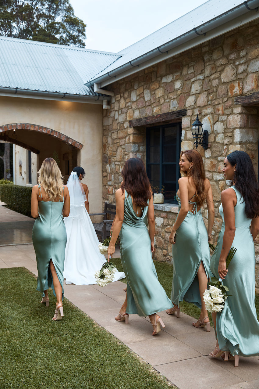    The Loretta Cowl Satin Maxi Dress Sage