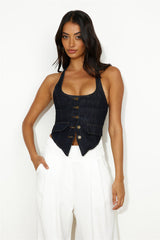 LIONESS NYC Halter Top Dark Denim