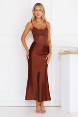Rule The Glow Satin Mesh Maxi Dress Brown