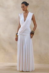 Glorina | Cream Plunge-Neck Maxi Dress With Draped-Detailing