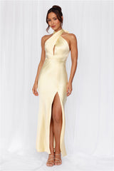 The Adeline Halter Satin Maxi Dress Yellow