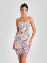 3D Floral Applique Strapless Mesh Mini Dress