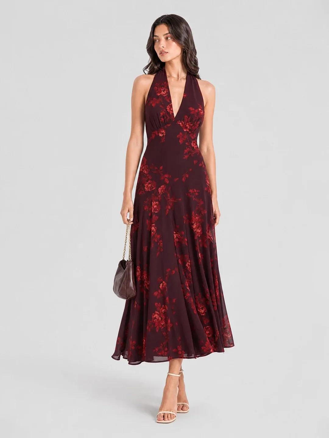 Halter V-neck Drop Waist Georgette Midi Dress
